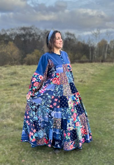 Лоскутное платье в русском стиле "Вечерний Звон" синий