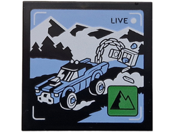 Tile 4 x 4 with 'LIVE' Broadcast with Bright Light Blue Car and Side Road, Black and White Mountains, Green Icon with Mountains Pattern, Black (1751pb050 6530114)