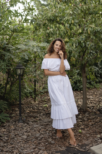 Платье бохо летнее из жатого хлопка (белое)