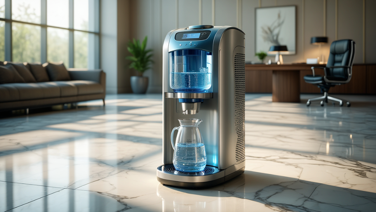 Стакан чистой воды рядом с современным напольным пурифайером.
