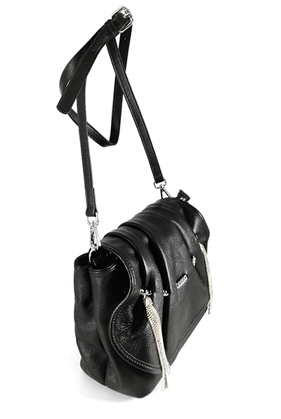 (АРТИКУЛ: 8475) СУМКА ЖЕНСКАЯ НЕБОЛЬШАЯ, НАТУРАЛЬНАЯ КОЖА,ЧЕРНАЯ, С ПОДВЕСКАМИ ИЗ МЕТАЛЛИЧЕСКИХ БУСИН И СРТАЗ, РЕМЕНЬ ЧЕРЕЗ ПЛЕЧО