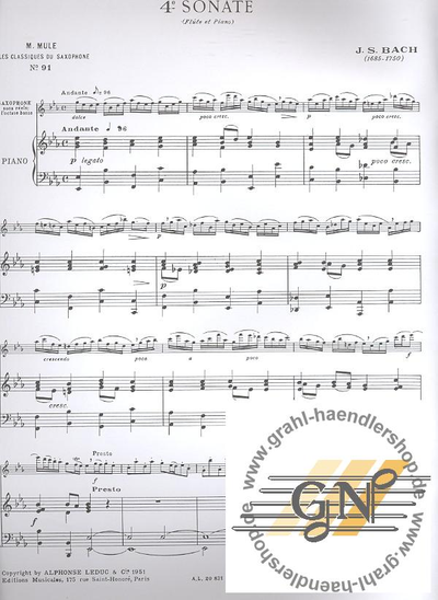 Bach, J.S. Sonate no.4 : pour saxophone alto  et piano (orig. pour flute et piano)