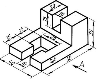 19 Виды. Построить три вида модели, прямоугольную изометрию. Главный вид взять по стрелке А