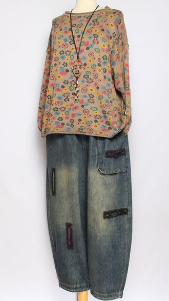 Джемпер ХЛОПОК "Разные  ЦВЕТЫ" бежевый до р.52