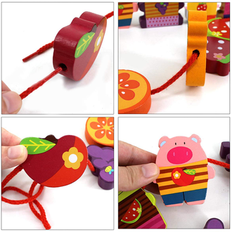 Шнуровка деревянная детская "Фрукты и Животные", развивающая игра для малышей
