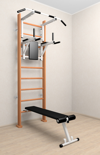 Спортивный комплекс для дома  деревянный. С турником , брусьями и  скамьей для пресса  (ОРЕХ)