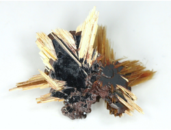 Редкость! Рутил свободного роста, сростки "звезды" золотистых игольчатых кристаллов на кристаллах гематита, Бразилия (22*18*6 мм, 1,25 г) №37913