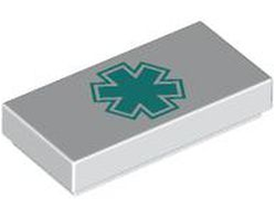 Tile 1 x 2 with Dark Turquoise EMT Star of Life Pattern, White (3069pb1170 / 6434779)