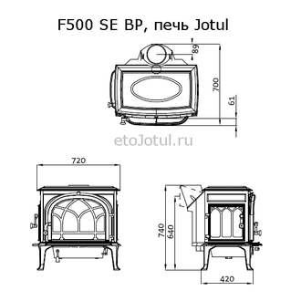 Схема печи Jotul F500 SE BP, высота, ширина, глубина