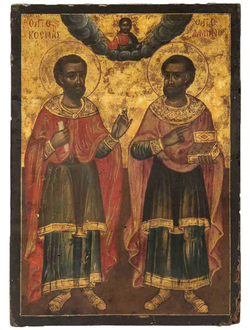 Косьма и Дамиан, Святые мученики, бессеребренники. Рукописная икона "под старину".