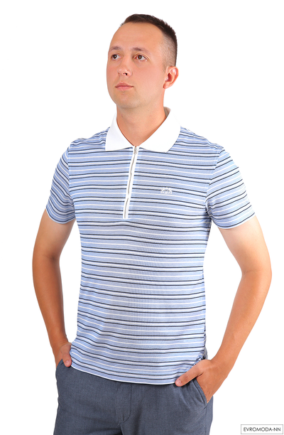 Стильное мужское поло премиум класса. Голубое в полоску с белым воротничком. Молния, короткий рукав