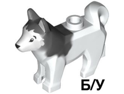 ! Б/У - Dog, Husky with Marbled Dark Bluish Gray Ears and Back and Printed Black Eyes and Nose, White Face and Ears Pattern, White (16606pb001 / 6076467) - Б/У