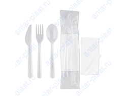 Комплект №5 (вилка прозрачная, нож прозрачный, ложка прозрачная, зубочистка, салфетка белая)