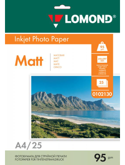 Односторонняя Матовая фотобумага Lomond для струйной печати, A4, 95 г/м2, 25 листов.