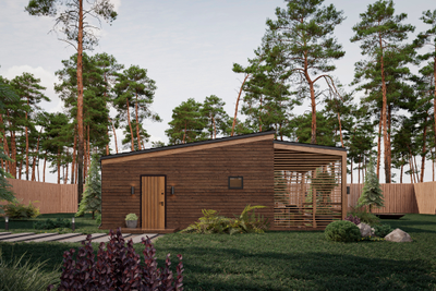 Одноэтажный каркасный дом с двумя спальнями и террасой (SK92)