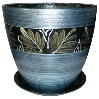 Серо-голубой с черным стильный керамический горшок для комнатных цветов диаметр 12 см с рисунком