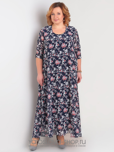 Платье синее с розово-серым цветочным рисунком из шифона