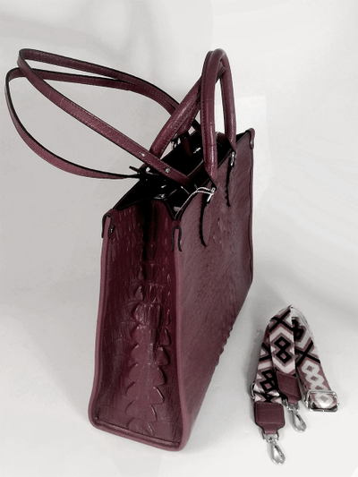 (АРТИКУЛ: 10105/1/5) СУМКА ЖЕНСКАЯ БОЛЬШАЯ, НАТУРАЛЬНАЯ КОЖА С ТИСНЕНИЕМ "КРОКОДИЛ", ТЕМНО-БОРДОВАЯ, РУЧКИ И РЕМЕНЬ ЧЕРЕЗ ПЛЕЧО