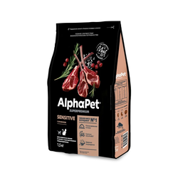 AlphaPet (АльфаПет) Superpremium сухой корм для взрослых кошек с чувствительным пищеварением с ягненком 1,5 кг