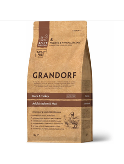 Grandorf (Грандорф): сухой беззерновой корм для собак, Утка с индейкой, 1 кг