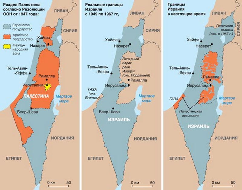 Израиль и Палестина. Как изменялись территории. Источник: runews24.ru
