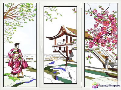 Витражная пленка, витражная пленка самоклеющаяся под заказ,пленочный витраж самурай, сакура