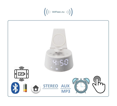 OneDer V02 Bluetooth колонка HiFi СТЕРЕО, с информатором времени/будильник, + модуль беспроводной зарядки, с сенсорным управлением,  с аккумулятором для использования в помещении