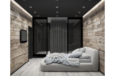 Визуализация спальни с панелями из массива дерева. По данной визуализации требовалось изготовить стеновые панели из массива дуба и выкрасить их таким образом, чтобы сходство с визуализацией было максимальным. 