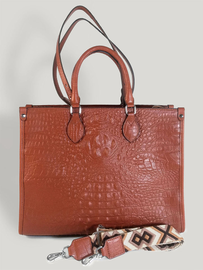 (АРТИКУЛ: 10104/1/5) СУМКА ЖЕНСКАЯ БОЛЬШАЯ, НАТУРАЛЬНАЯ КОЖА С ТИСНЕНИЕМ "КРОКОДИЛ", ЯРКО-КОРИЧНЕВАЯ, РУЧКИ И РЕМЕНЬ ЧЕРЕЗ ПЛЕЧО