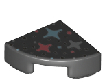 Tile, Round 1 x 1 Quarter with Silver, Metallic Light Blue, and Coral Stars and Dots Pattern, Black (25269pb009 / 6254613)