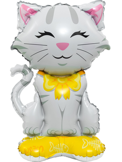Шар 3D (24''/61 см) Фигура на подставке, Кошечка с бантиком, Белый