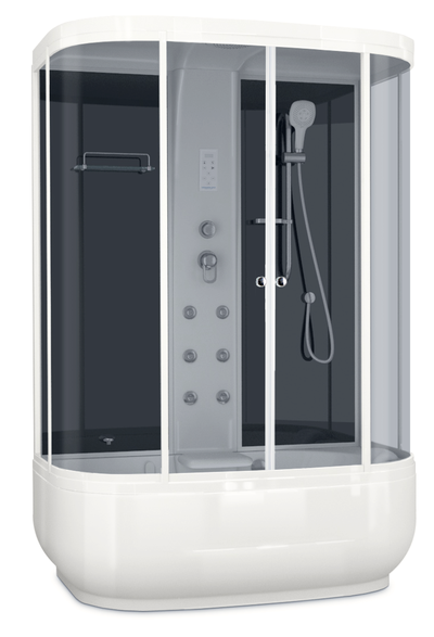 Душевая кабина DOMANI-Spa Neat high  высокий  поддон,задняя стенки черные,белые. передняя стекло прозрачные, 150x81x219 см