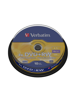 Носители информации DVD+RW, 4x, Verbatim Serl Matt Silver, Cake/10, 43488