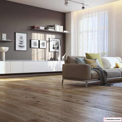 Декор паркетной доски PolarWood 138 Дуб Коттедж Премиум в интерьере гостиной