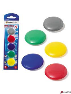 Магниты BRAUBERG диаметр 30 мм, КОМПЛЕКТ 5 шт., цвет АССОРТИ, в блистере. 231729