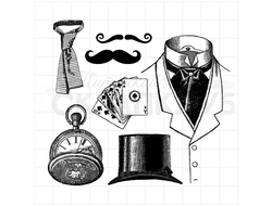 Набор мужских винтажных штампов - фрак, галстук, усы, часы, цилиндр, карты, рука с пером