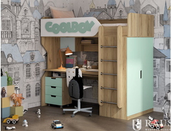 Кровать-чердак СОФТ ДН-83 / Дуб Крафт золотой / Фисташка софт / Бортик верхний Буквы (COOLBOY)