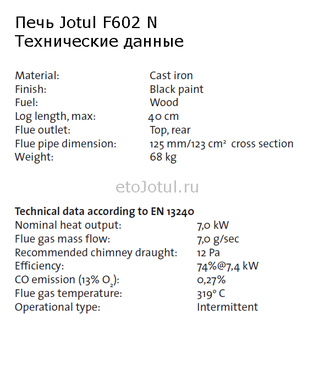 Технические характеристики печи Jotul F602, мощность, вес, эффективность