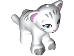 Lion / Tiger, Friends / Elves, Baby Cub with Bright Light Blue Eyes, Bright Pink Nose, Light Bluish Gray Paws and Stripes Pattern, White (14734pb04 / 6296649)