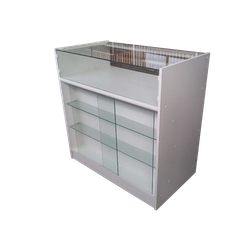 Универсальный прилавок из ЛДСП с полками из стекла и раздвижной дверцей