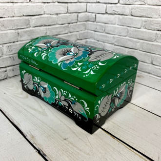 Деревянная шкатулка сундучок Серебристо-зеленая 120*80 мм для украшений с росписью Хохлома