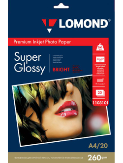 Суперглянцевая ярко-белая (Super Glossy Bright) микропористая фотобумага Lomond для струйной печати, A4, 260 г/м2, 20 листов.