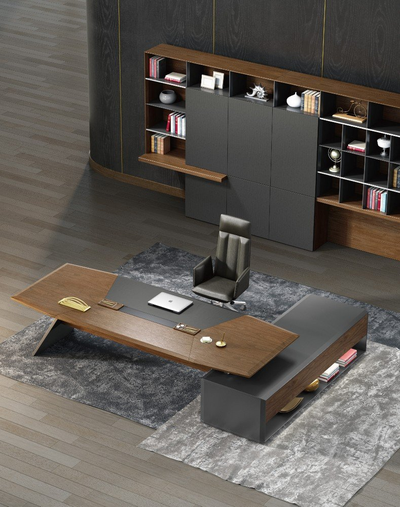 Стол руководителя, на опорной сервисной тумбе, левый ED87L.240205-Г-орехметеоритно-серый, цвет Грецк