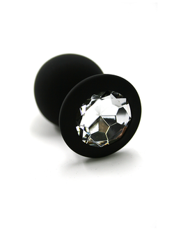 Черная анальная пробка из силикона с прозрачным кристаллом (Medium)
