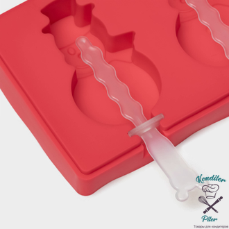 Форма для мороженого новогодняя Доляна «Снеговик», силикон, 18×9×2 см, 3 ячейки, с палочками