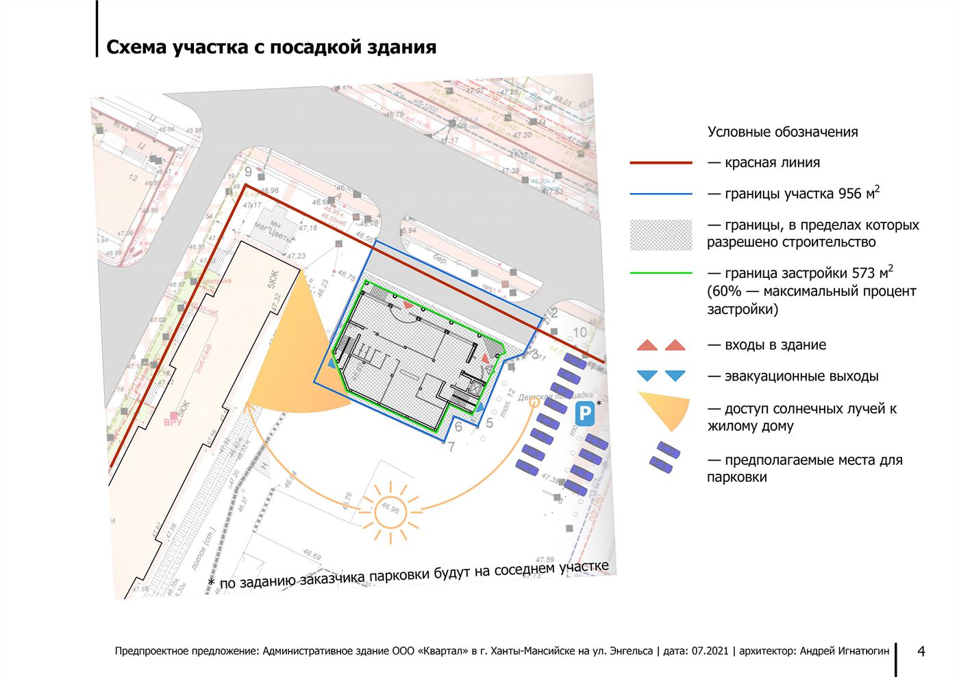 Схема участка с посадкой здания