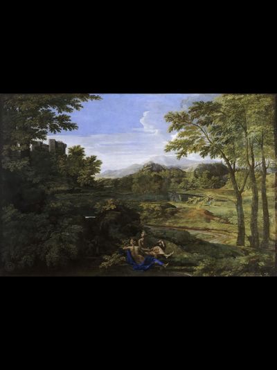 Картина обогреватель, репродукция Никола Пуссен Пейзаж с двумя нимфами