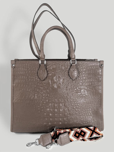 (АРТИКУЛ: 10134/1/5) СУМКА ЖЕНСКАЯ БОЛЬШАЯ, НАТУРАЛЬНАЯ КОЖА С ТИСНЕНИЕМ "КРОКОДИЛ", ТЕМНО-БЕЖЕВАЯ, РУЧКИ И РЕМЕНЬ ЧЕРЕЗ ПЛЕЧО