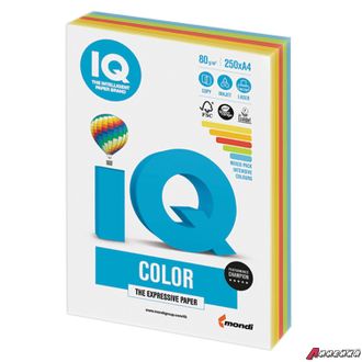 Бумага цветная IQ color, А4, 80 г/м2, 250 л., (5 цветов x 50 листов), микс интенсив, RB02. 110691