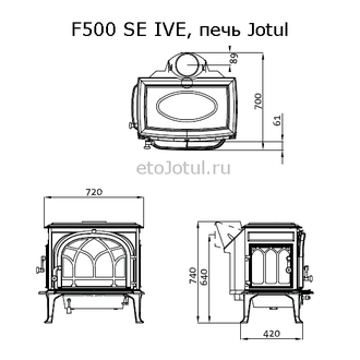 Схема печи Jotul F500 SE IVE, высота, ширина, глубина